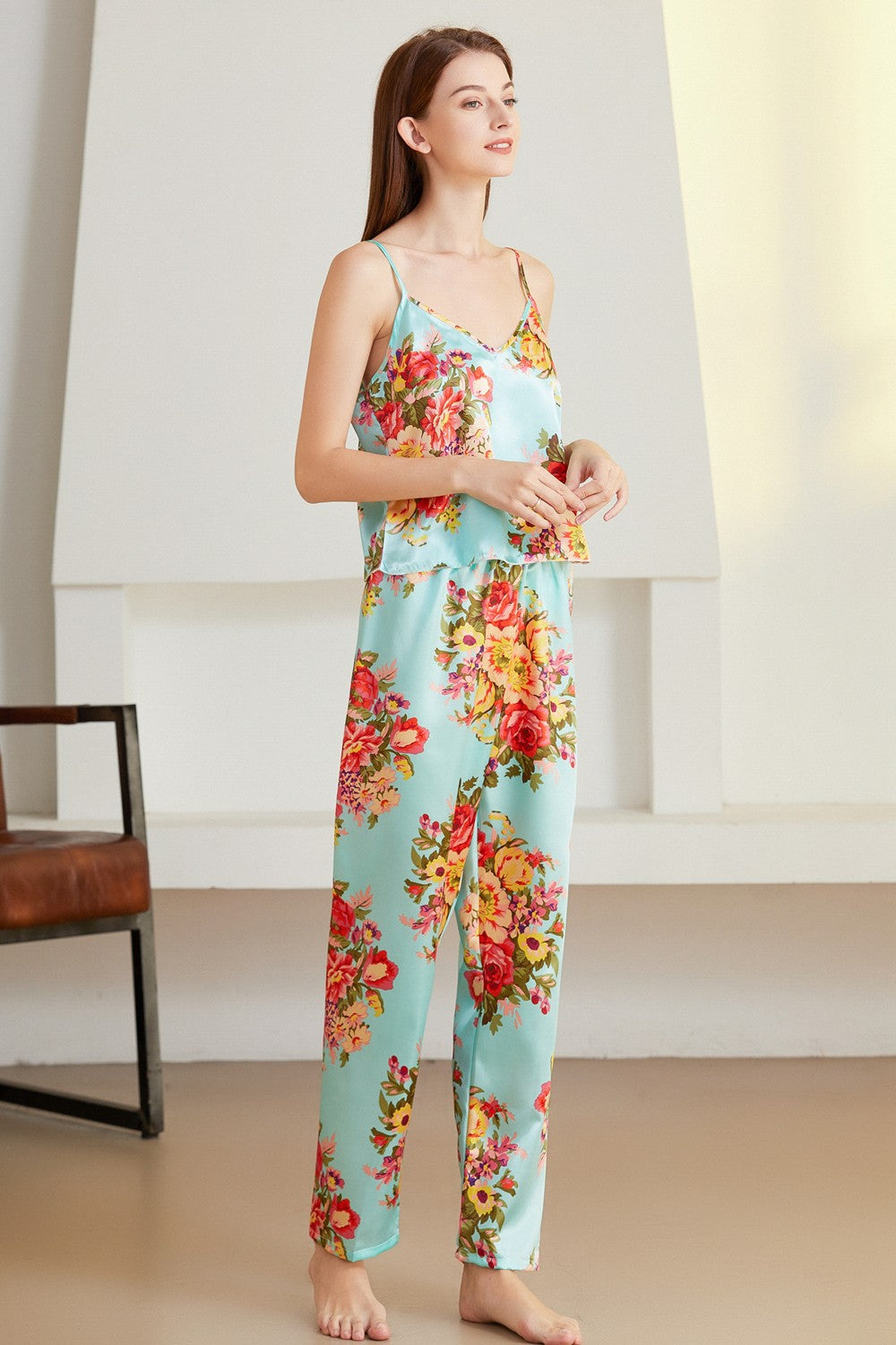 Floral V-Neck Satin Cami and Pants Pajama Set