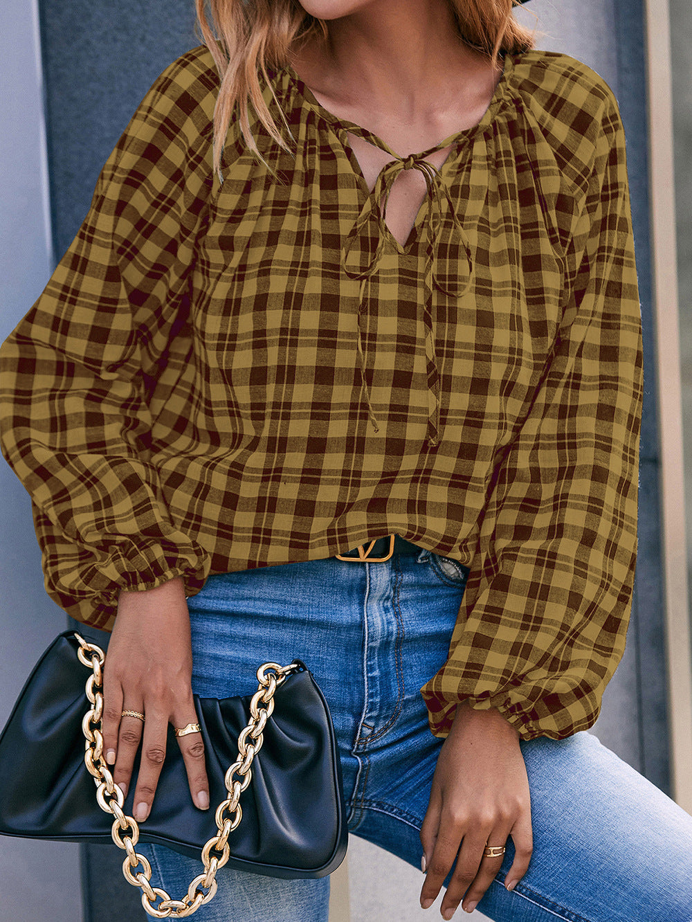 Plaid Tie Neck Long Sleeve Blouse