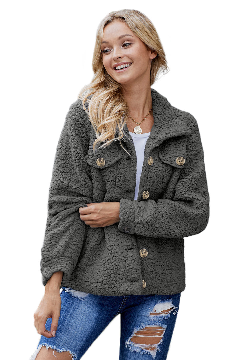 Button Front Collared Sherpa Jacket