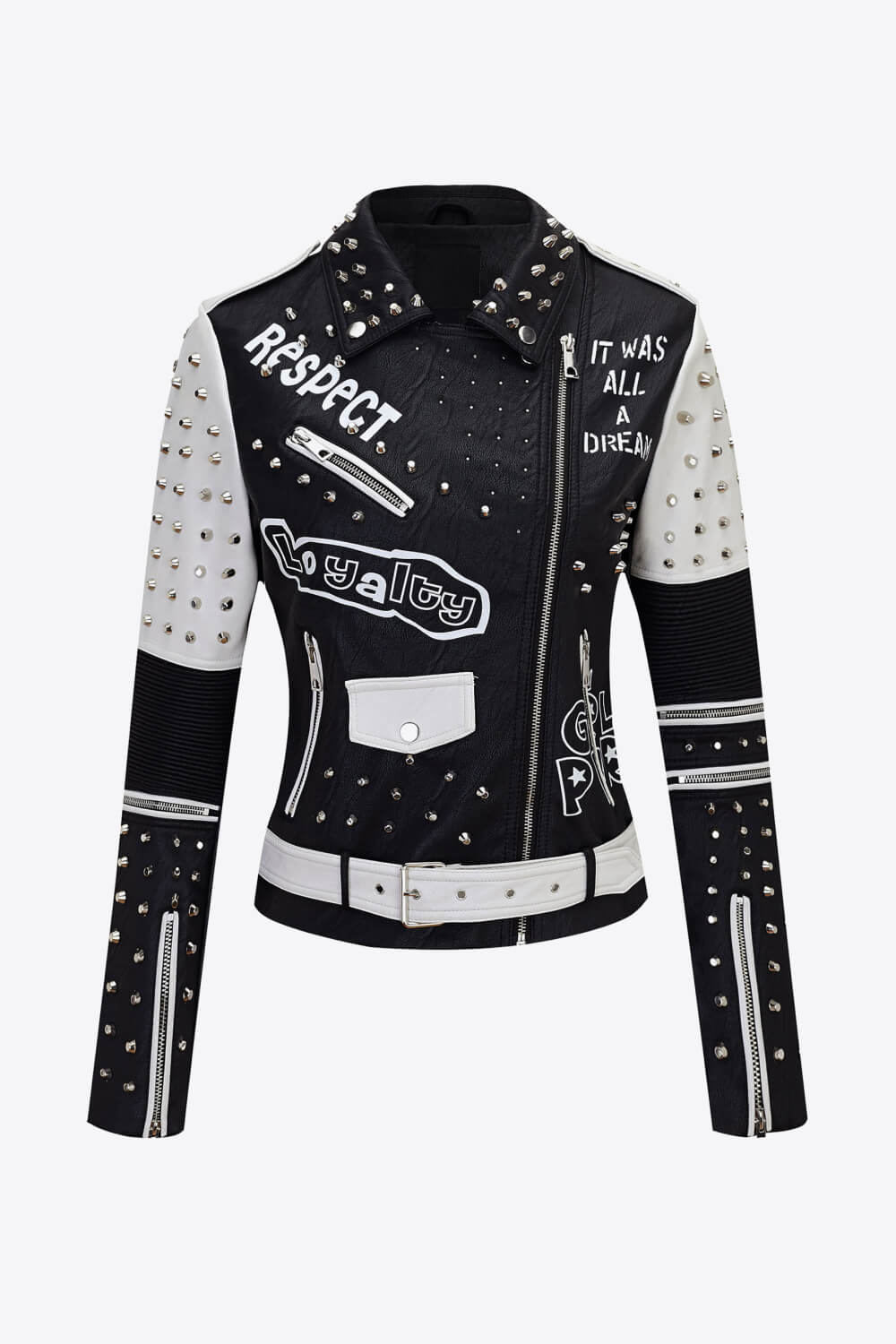 Full Size Contrast Letter Print Studded PU Leather Jacket