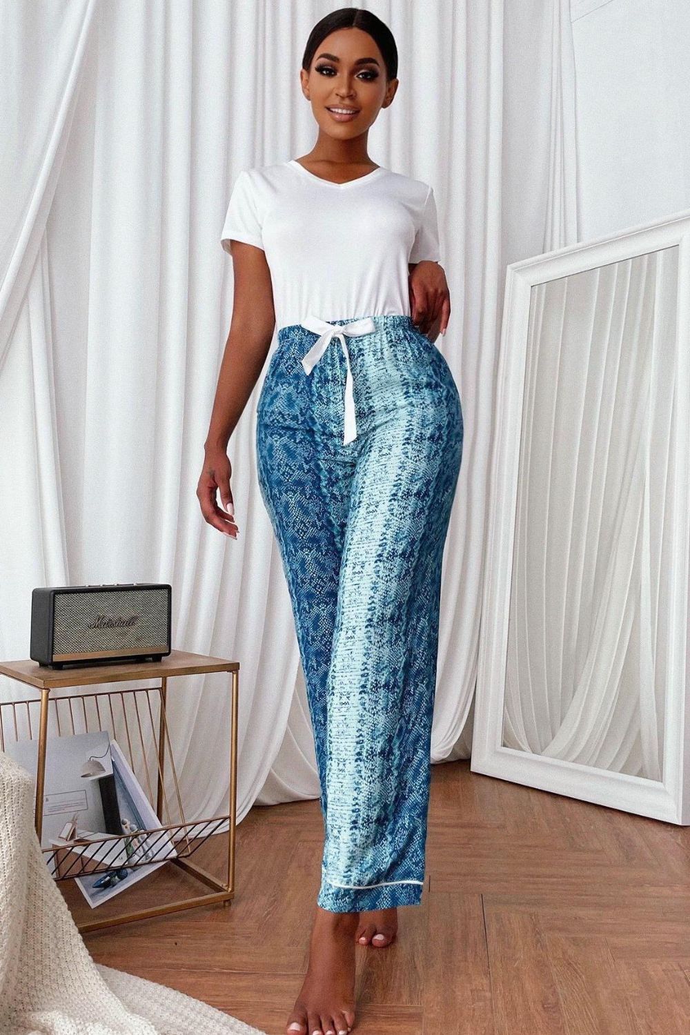 V-Neck Tee and Printed Pants Lounge Set