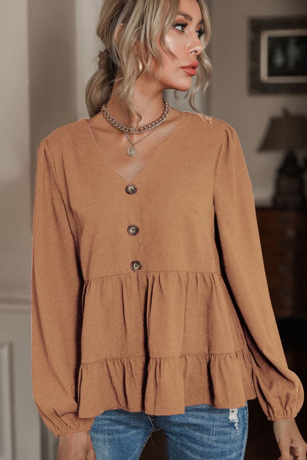 Buttoned V-Neck Puff Sleeve Tiered Blouse