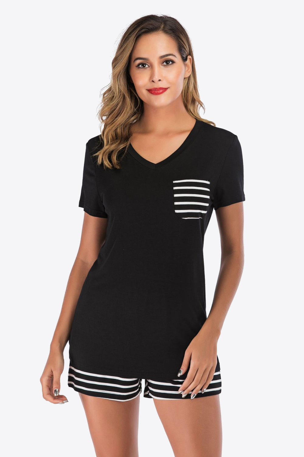Striped V-Neck Top and Shorts Lounge Set