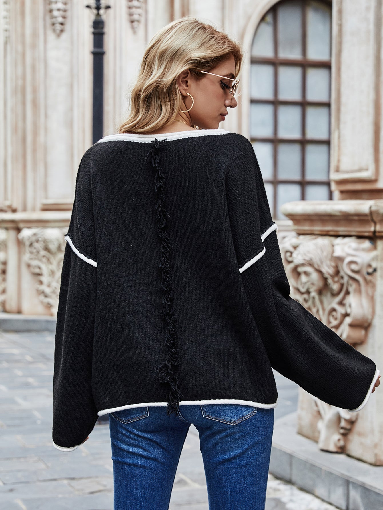 Dropped Shoulder Boat Neck Long Sleeve Sweater