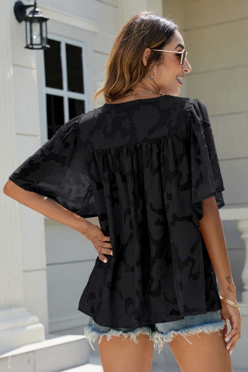 Applique Frill Trim Flutter Sleeve Blouse