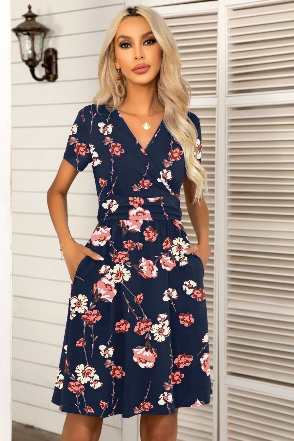 Printed Short Sleeve Surplice Neck Dress