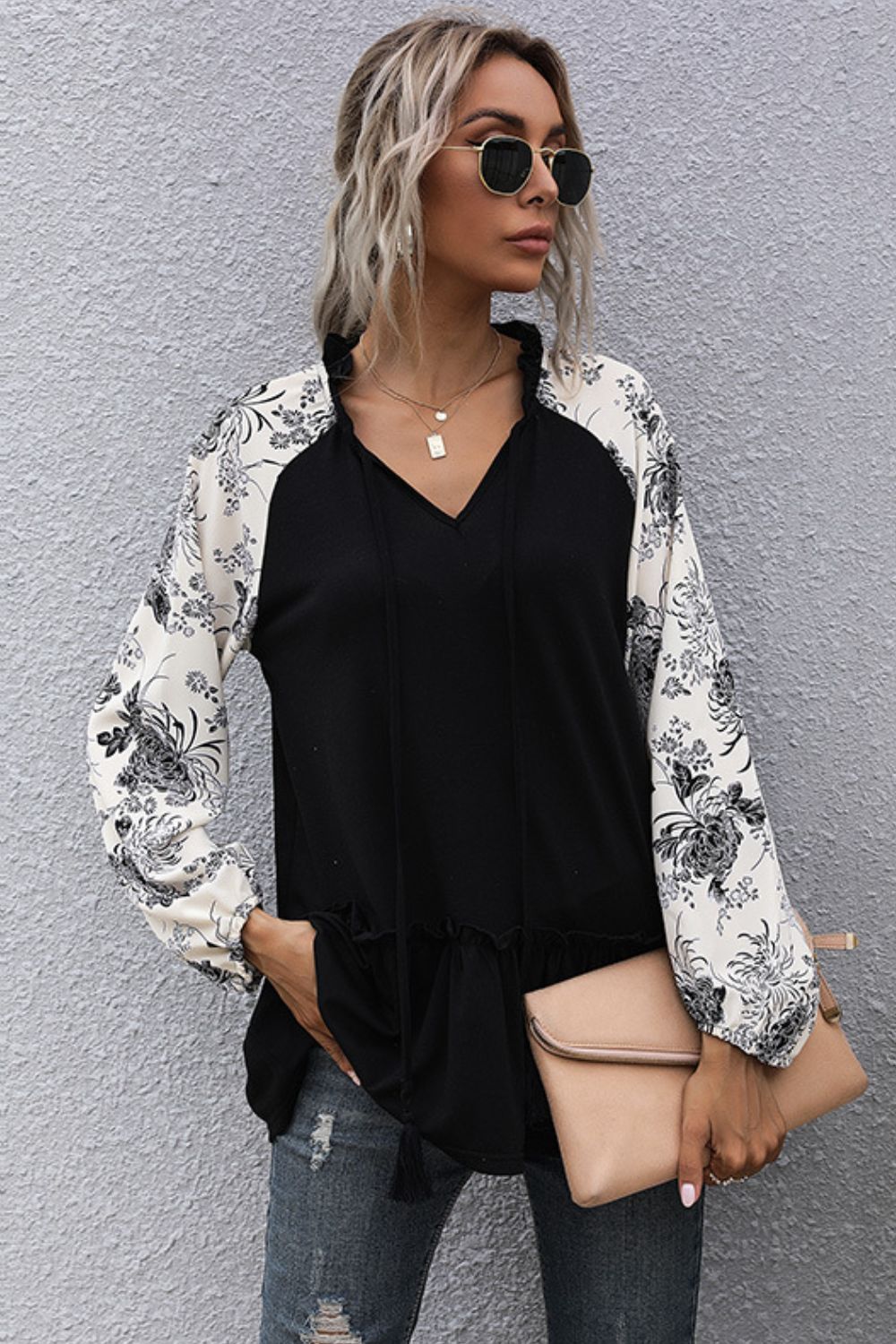 Floral Raglan Sleeve Tassel Tie Frill Trim Top