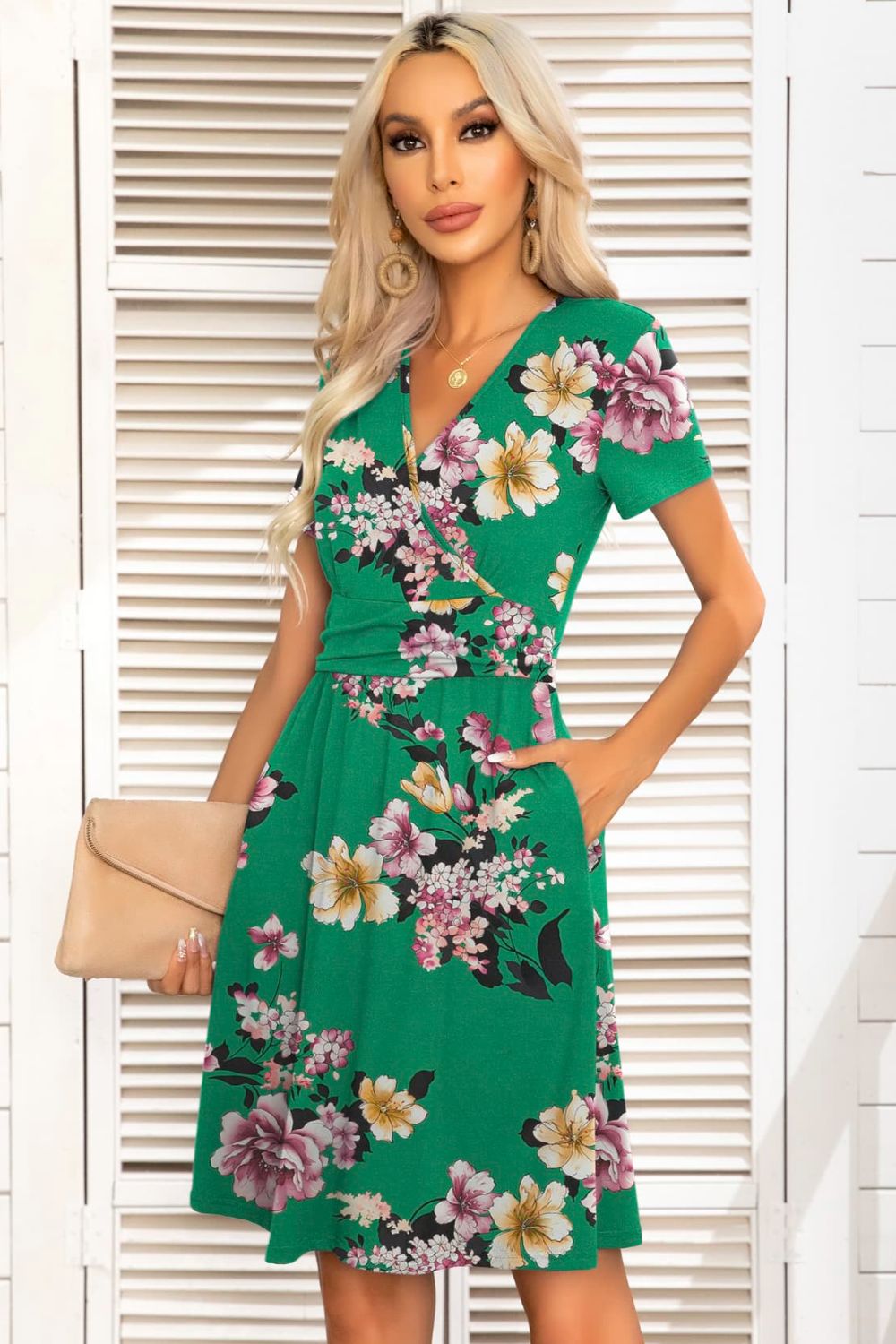 Printed Short Sleeve Surplice Neck Dress