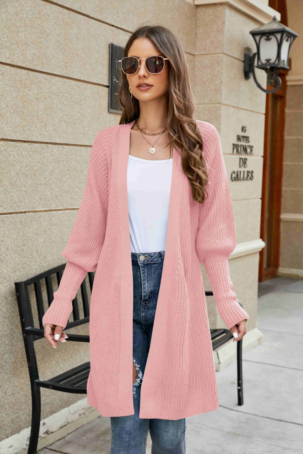 Lantern Sleeve Rib-Knit Open Front Longline Cardigan