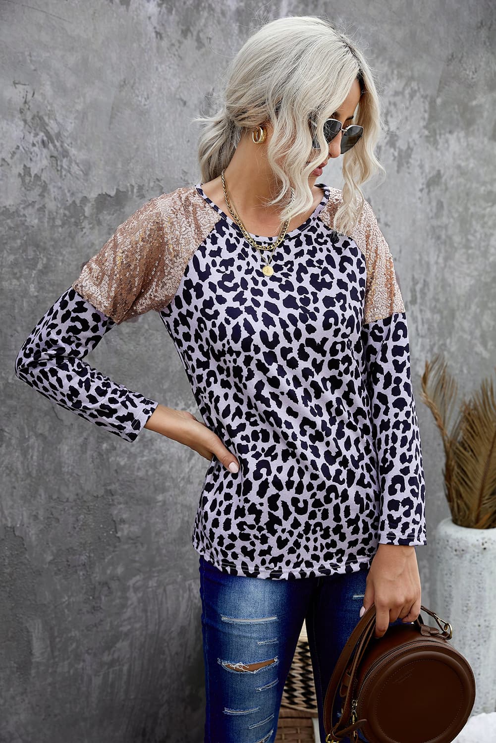 Leopard Sequin Round Neck Top