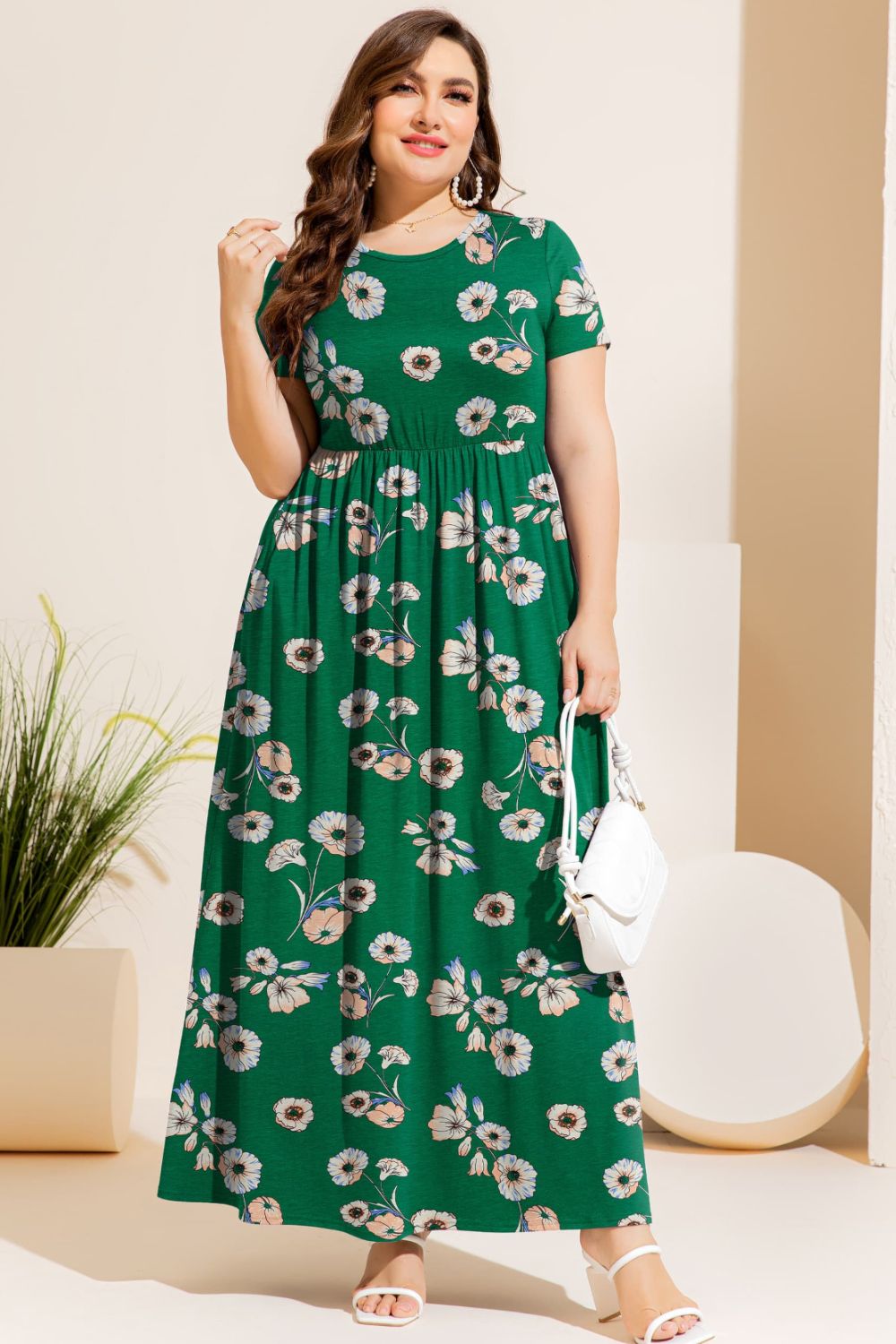 Plus Size Printed Round Neck Short Sleeve Maxi Dress