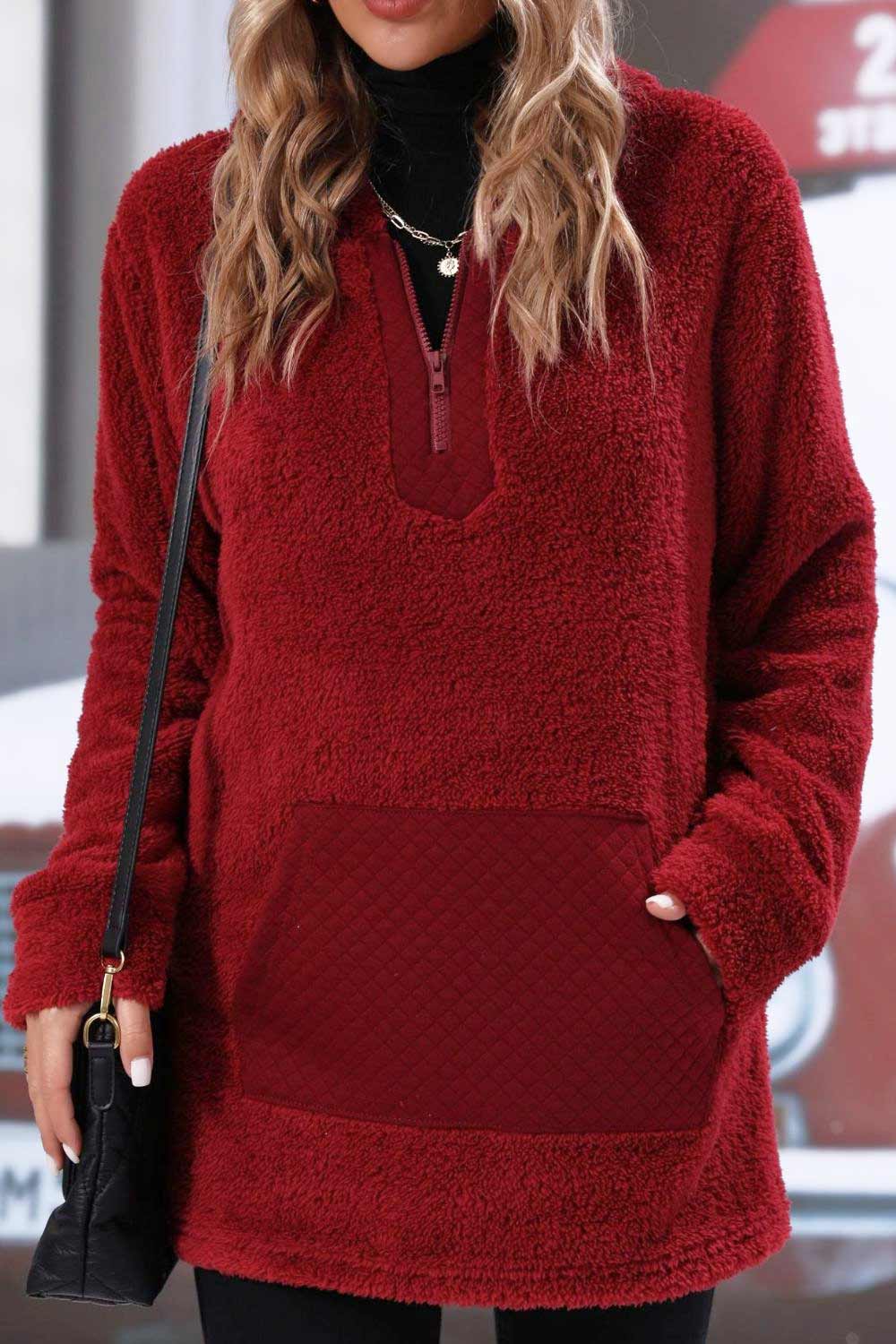 Quarter Zip Longline Teddy Hoodie