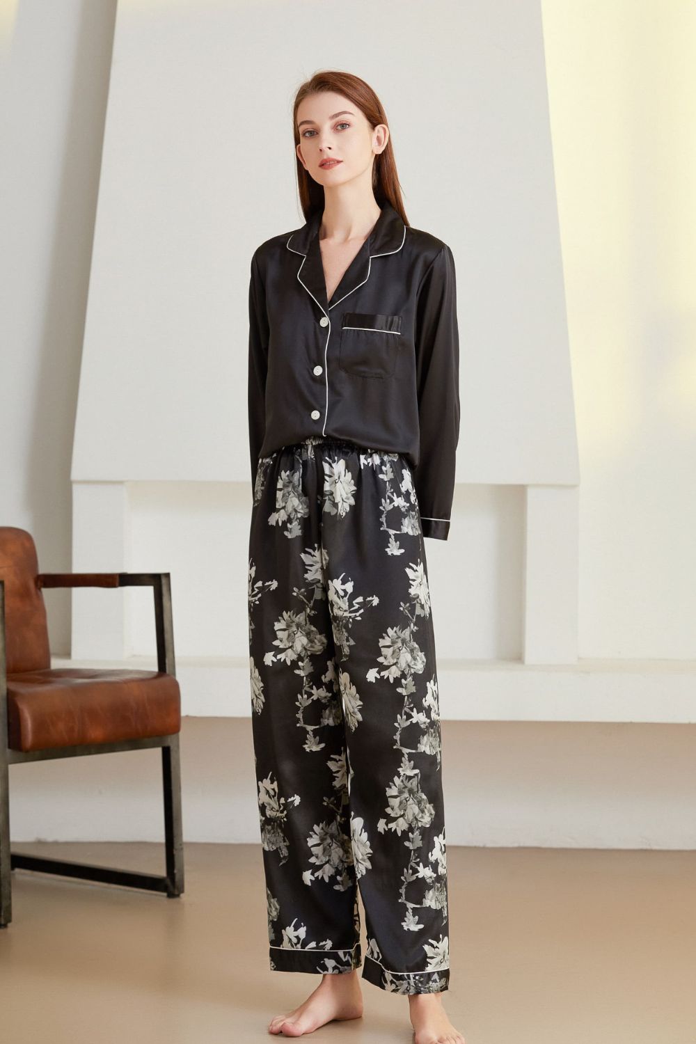 Satin Button-Up Lapel Collar Top and Pants Pajama Set
