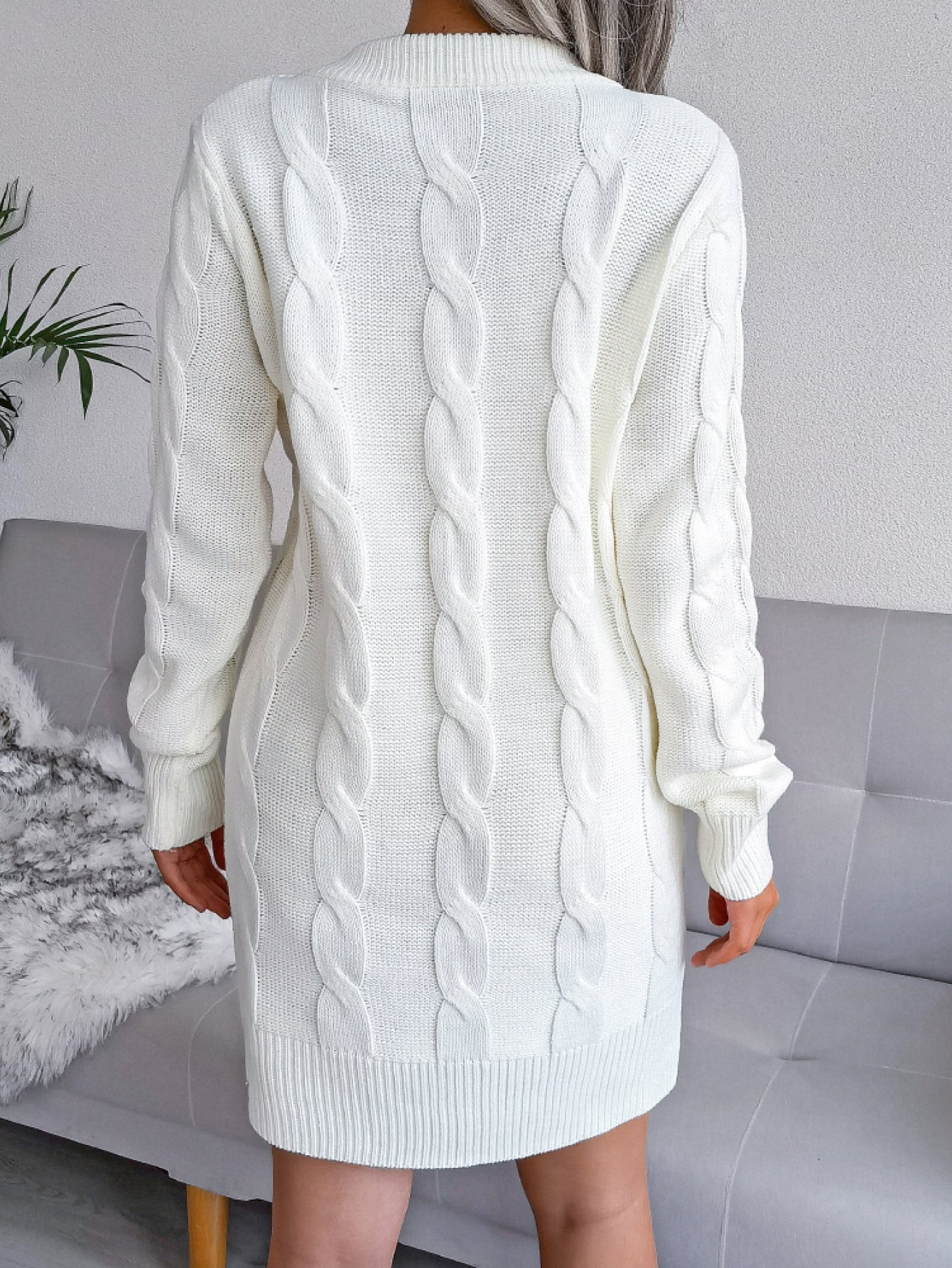 Cable-Knit Long Sleeve Ribbed Trim Mini Sweater Dress (Belt Not Included)