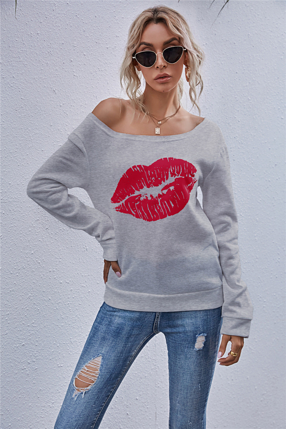 Lip Graphic Off-Shoulder Sweatshirt