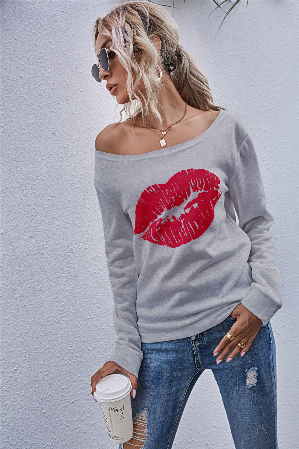 Lip Graphic Off-Shoulder Sweatshirt