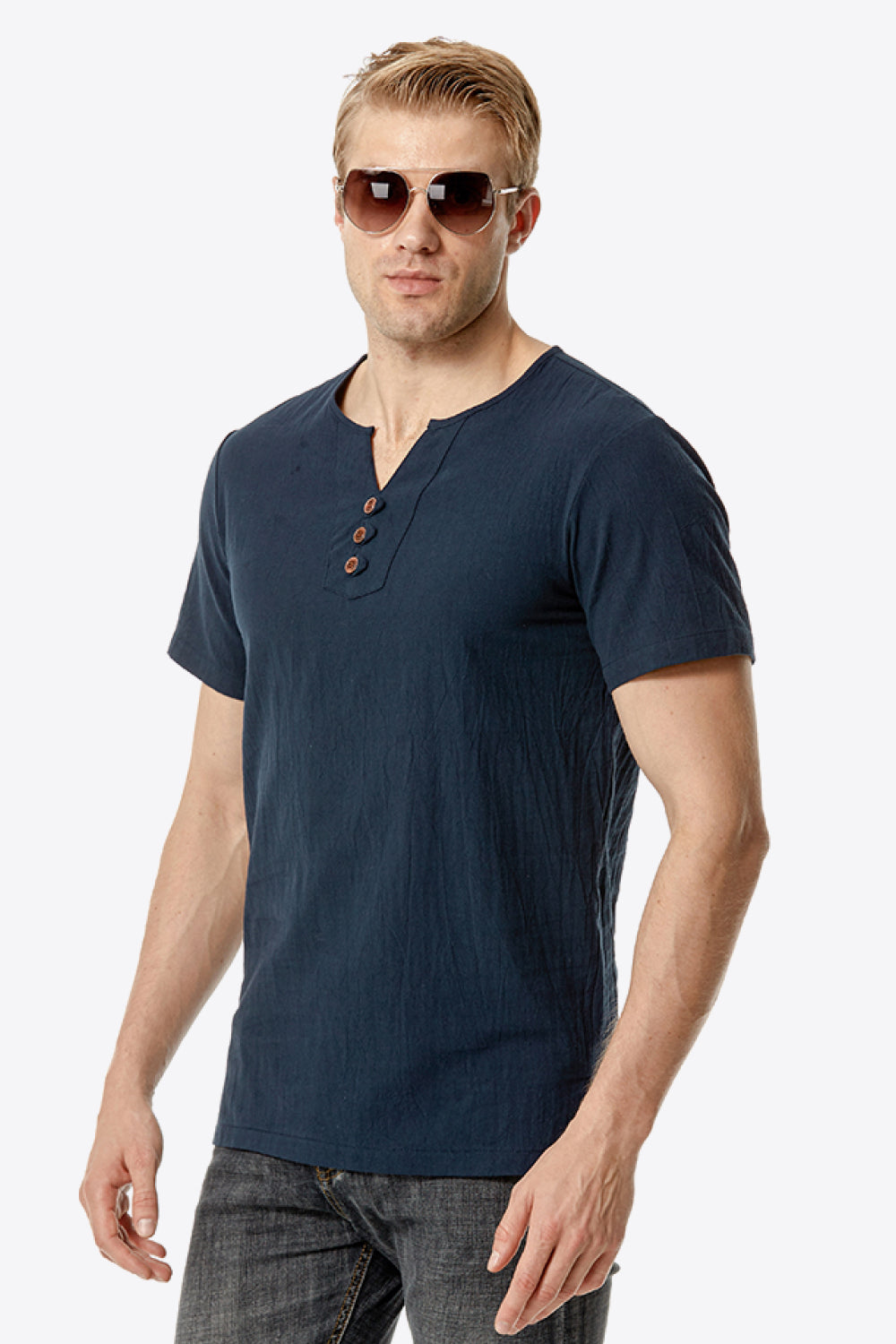 Buttoned Notched Neck Short Sleeve Tee