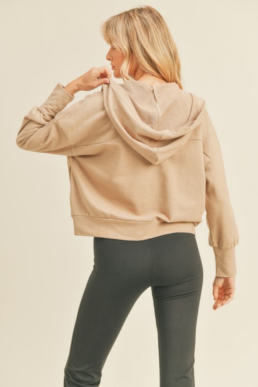Kimberly C Full Size Zip-Up Drop Shoulder Hooded Jacket in Taupe