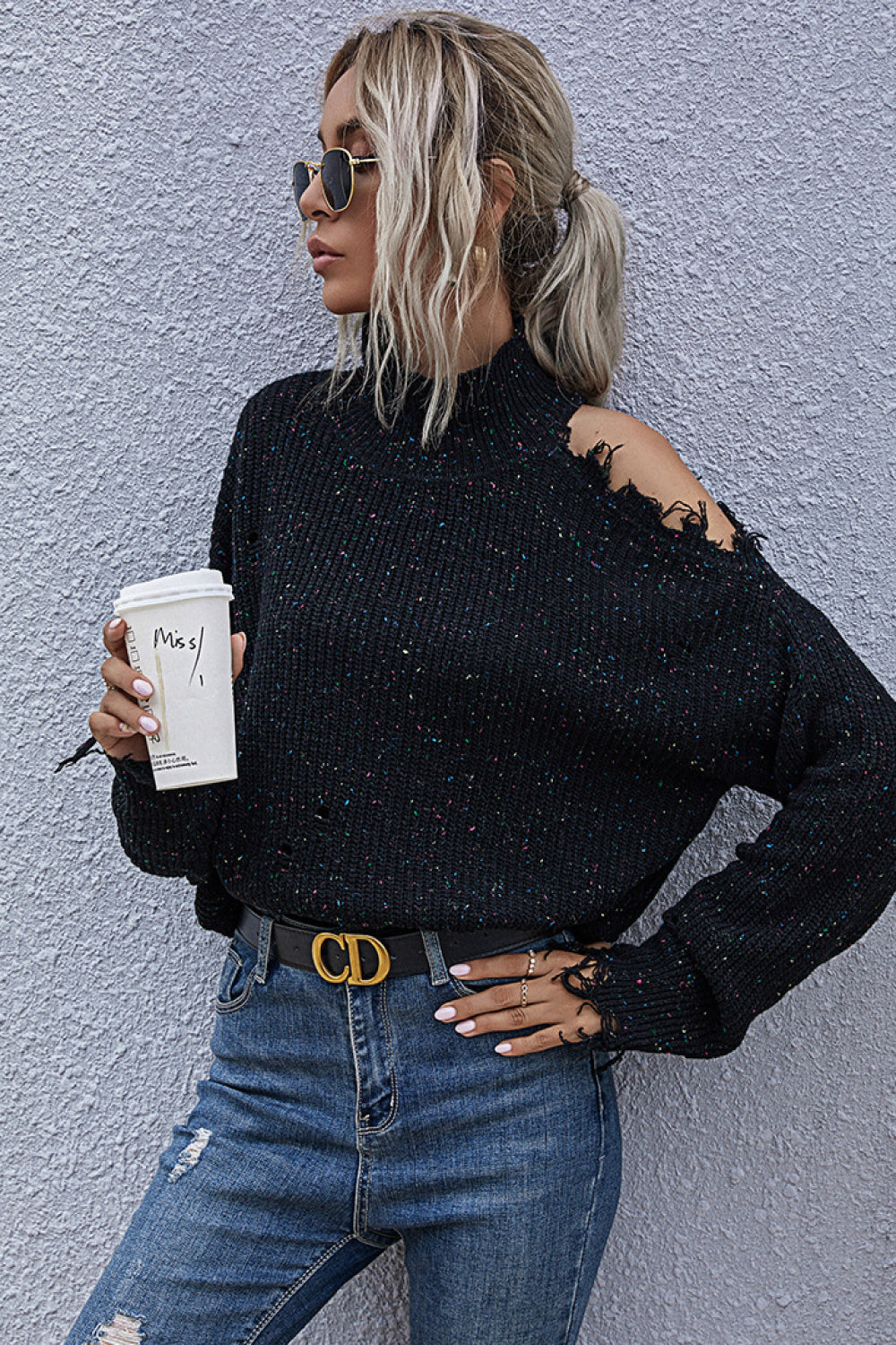 One Shoulder Distressed Sweater