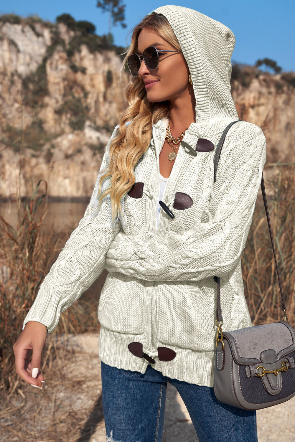 Fleece Lined Cable-Knit Toggle Hooded Cardigan