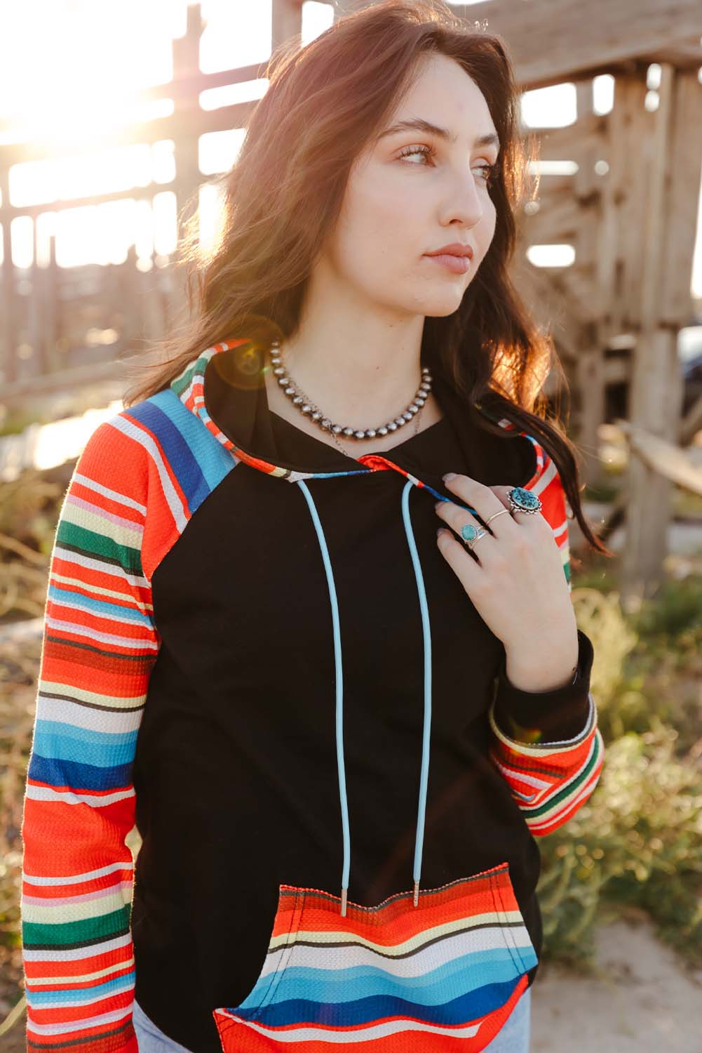 Multicolored Stripe Drawstring Raglan Sleeve Hoodie