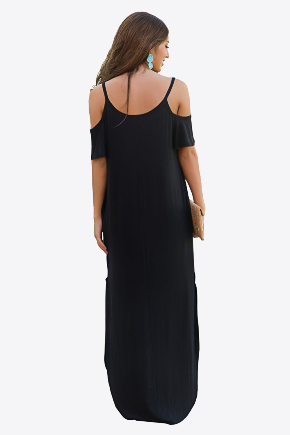 Cold-Shoulder Split Maxi Dress with Pockets