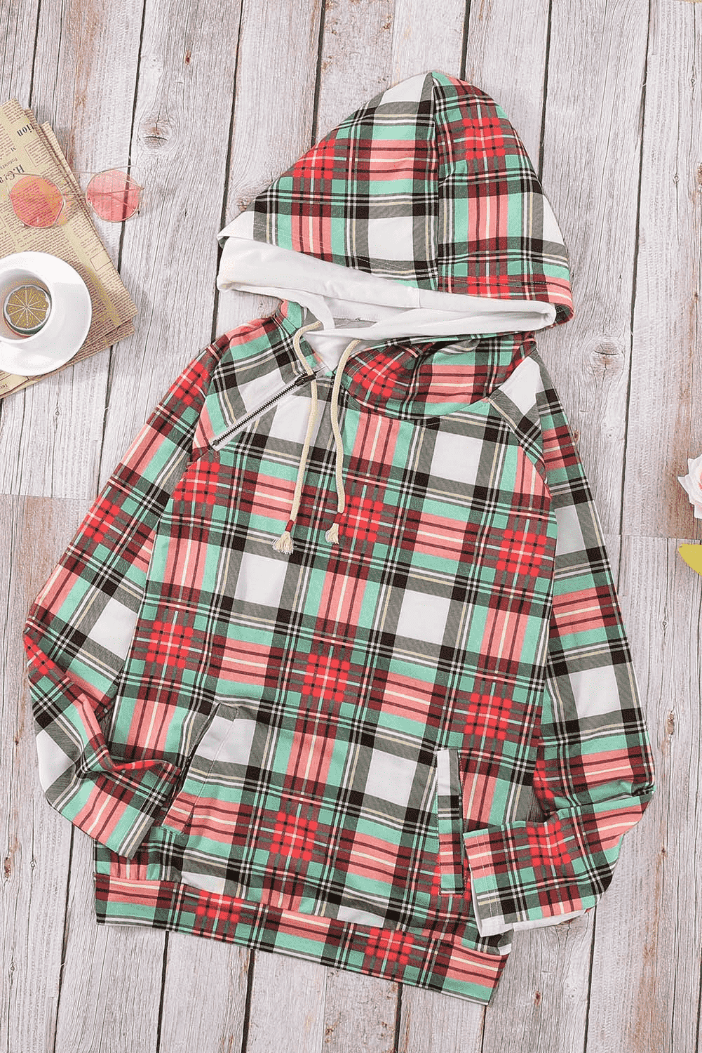 Plaid Drawstring Detail Hoodie