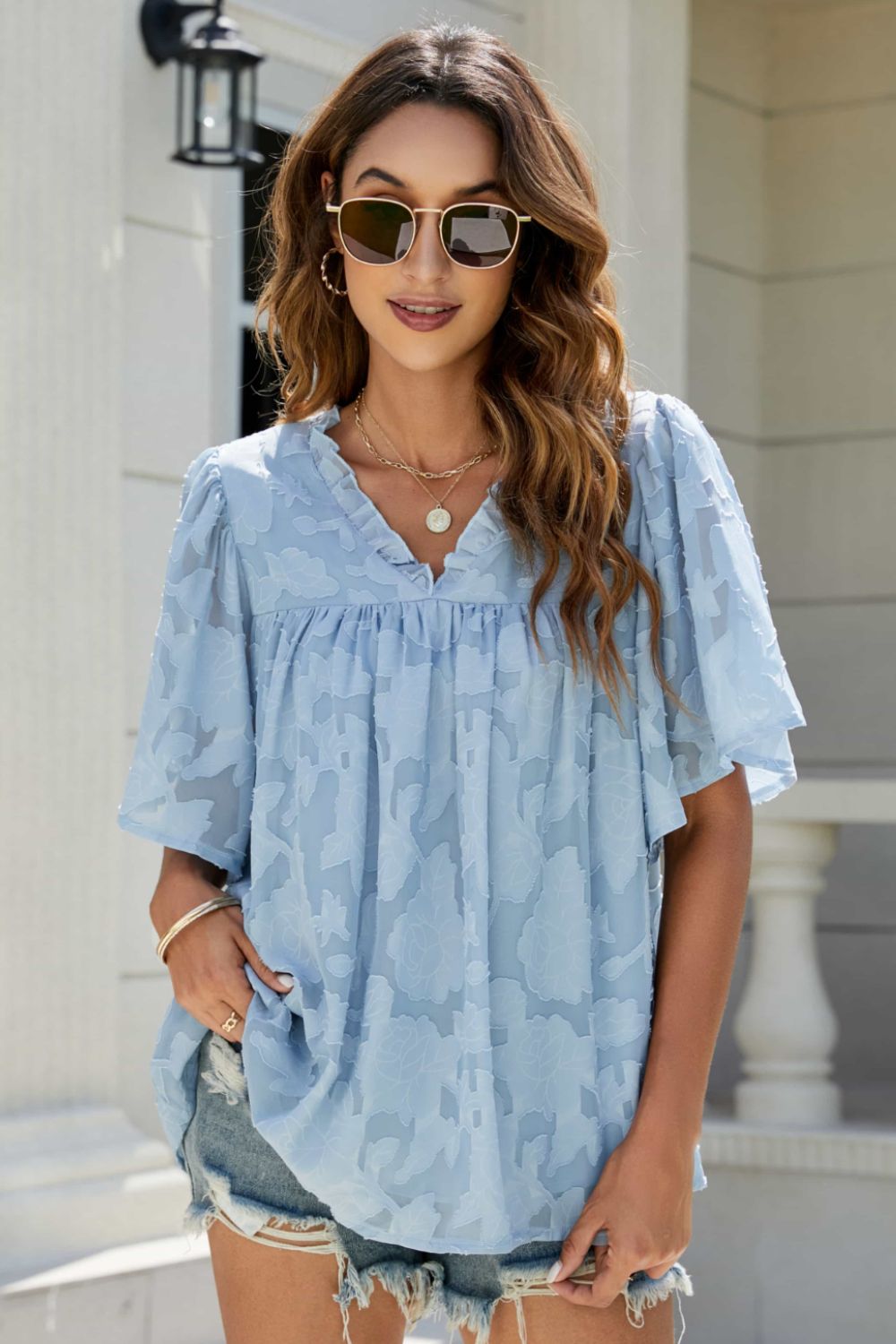 Applique Frill Trim Flutter Sleeve Blouse