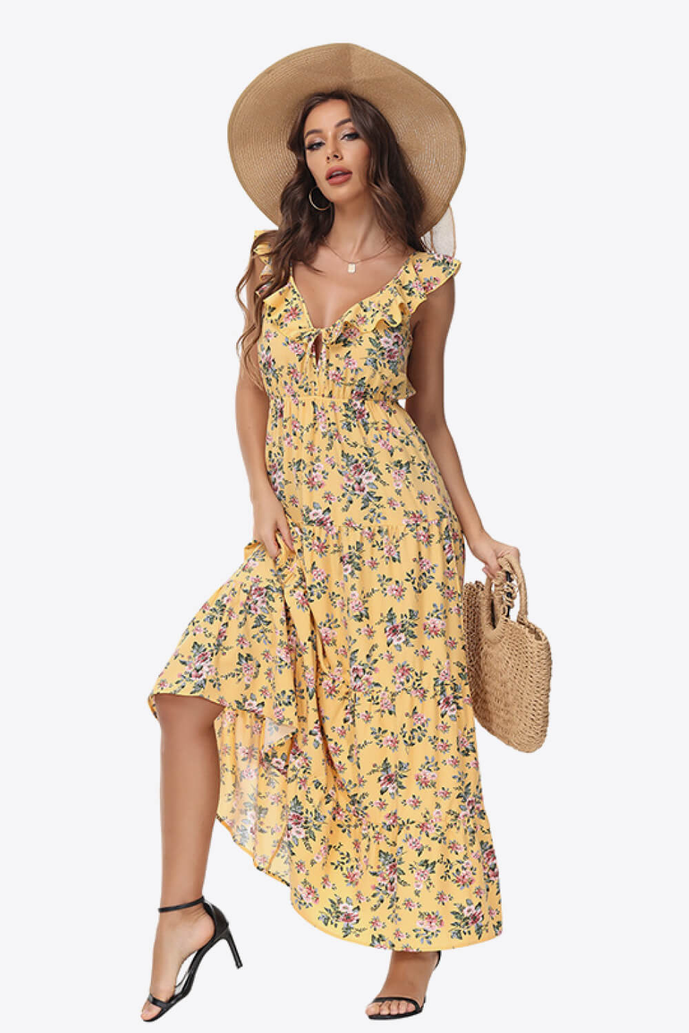 Floral Ruffle Shoulder Tied Maxi Dress