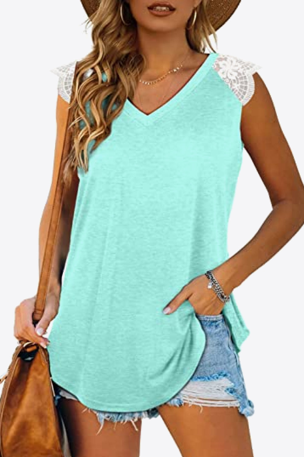 Spliced Lace Curved Hem Blouse