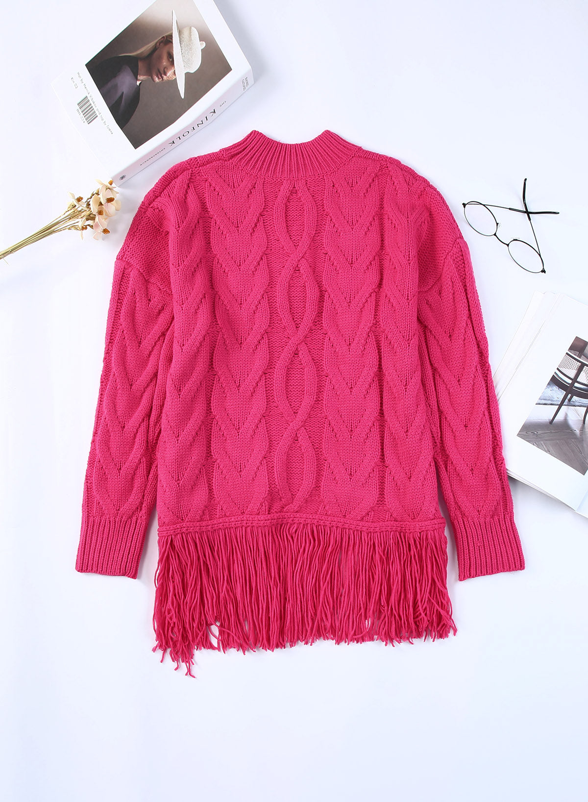 Mixed Knit Fringe Hem Mock Neck Sweater