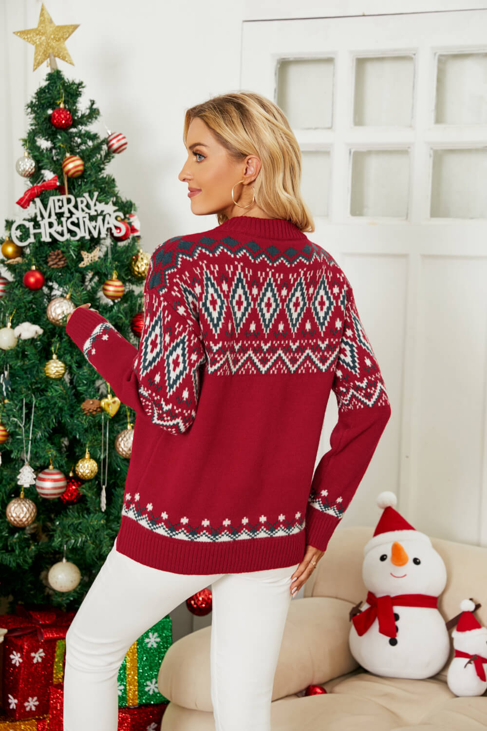 Geometric Crewneck Dropped Shoulder Sweater