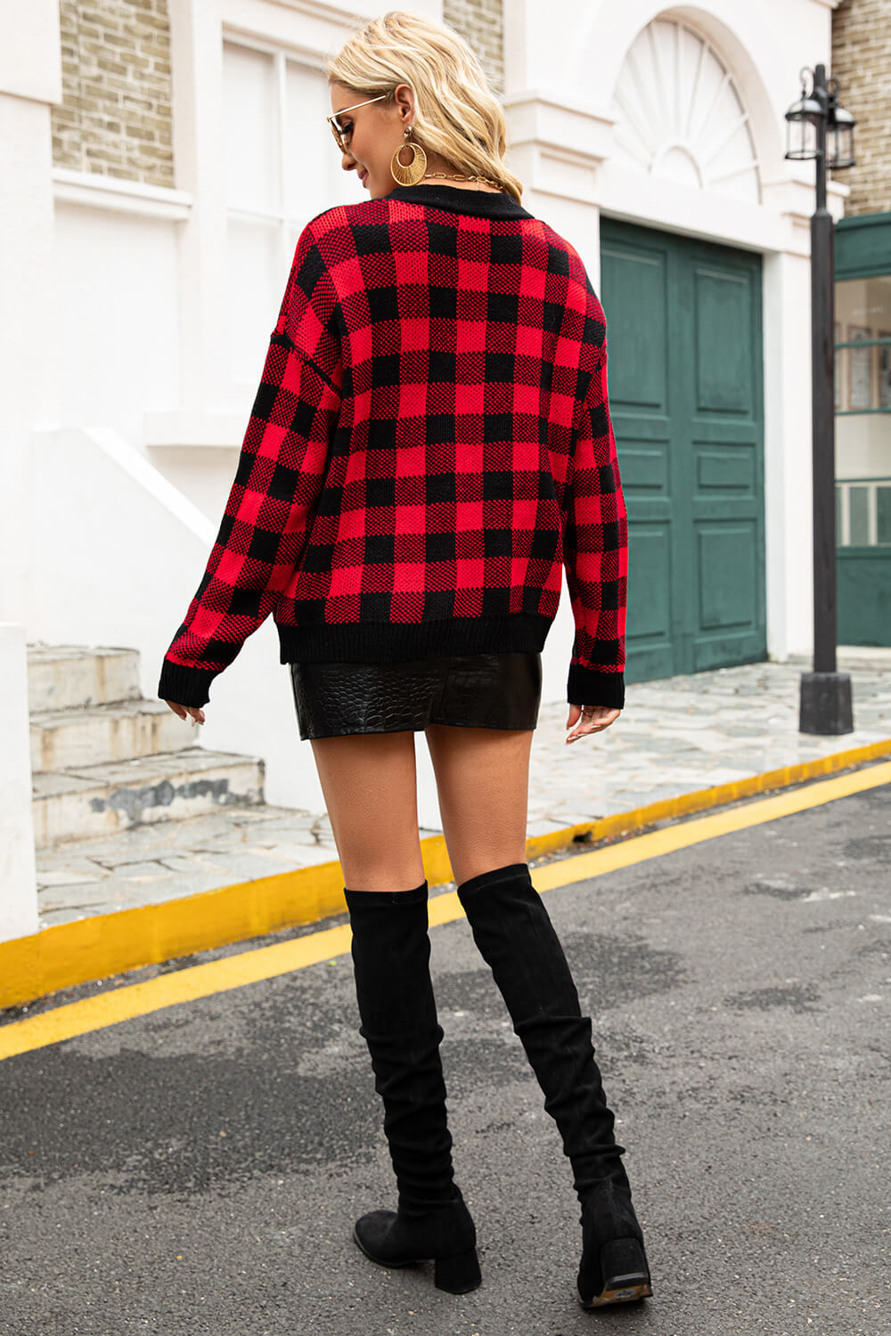 Plaid V-Neck Dropped Shoulder Cardigan