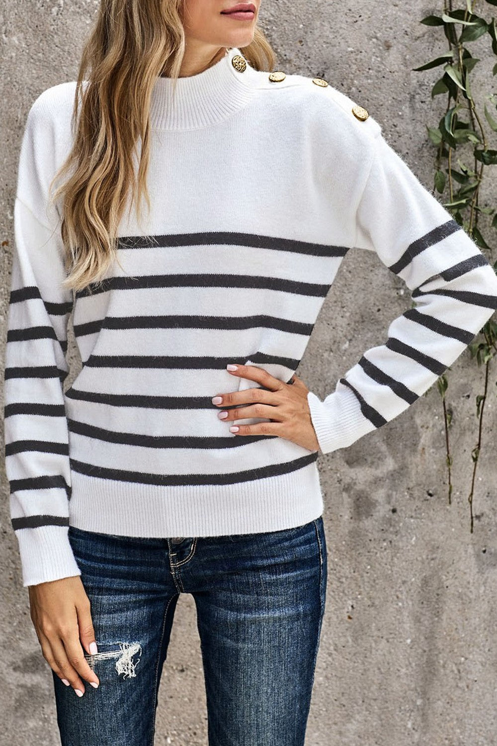Striped Button Detail Mock Neck Sweater
