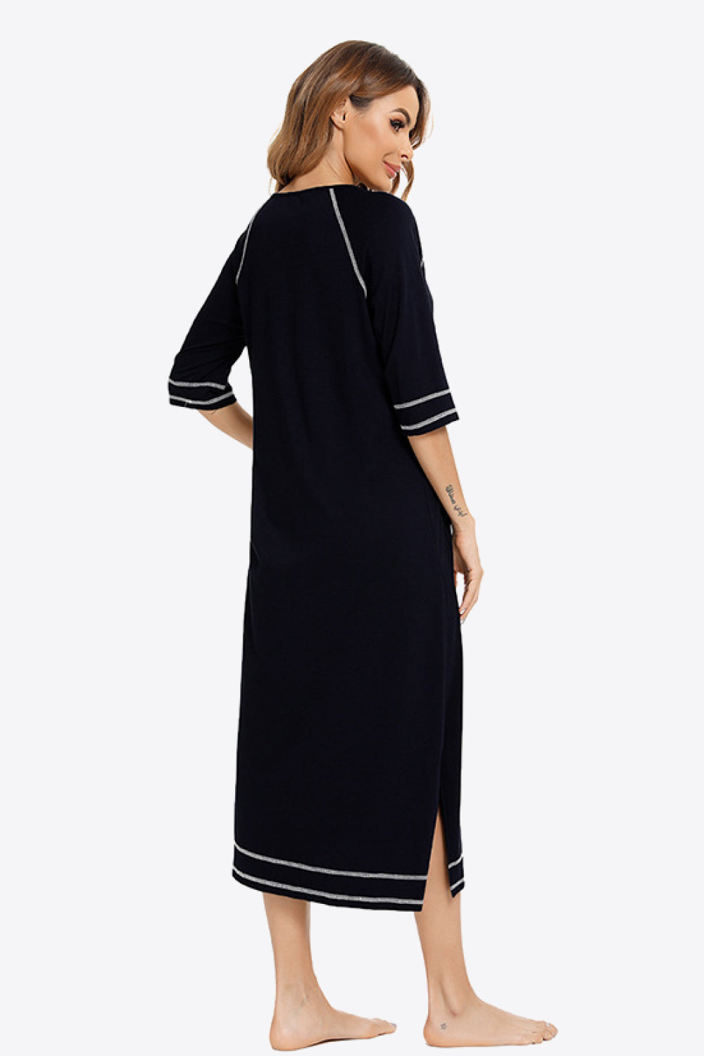 Zip Up Slit Night Dress with Pockets