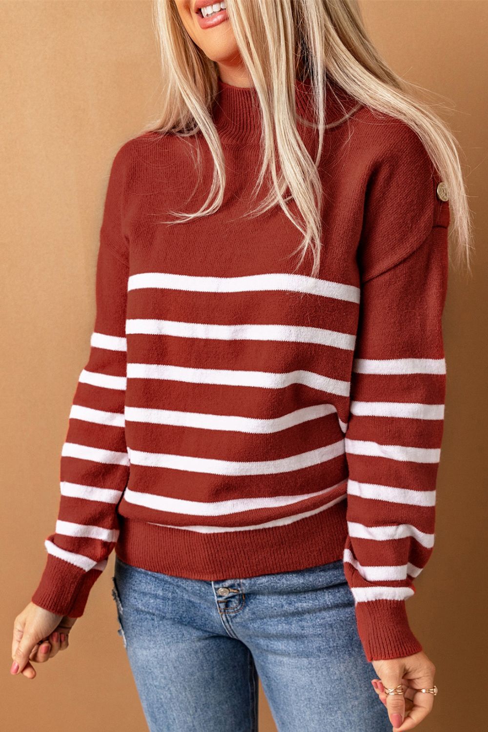 Striped Button Detail Mock Neck Sweater