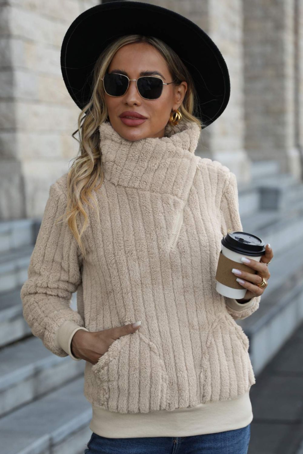 Asymmetrical Quarter-Zip Fleece Sweatshirt with Pockets