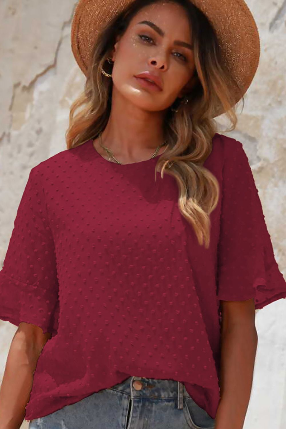 Swiss Dot Flounce Sleeve Round Neck Blouse