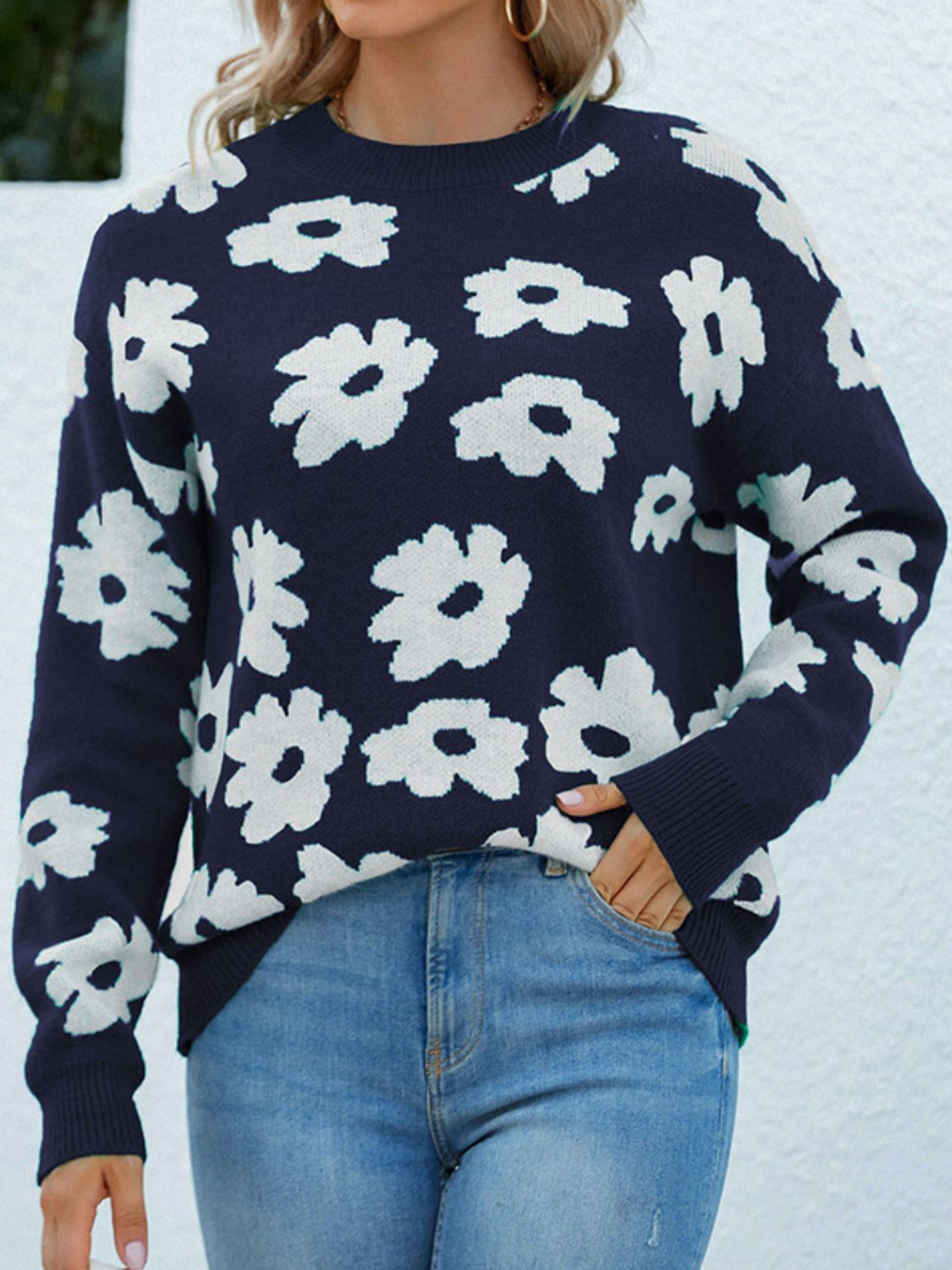 Floral Ribbed Trim Knit Sweater