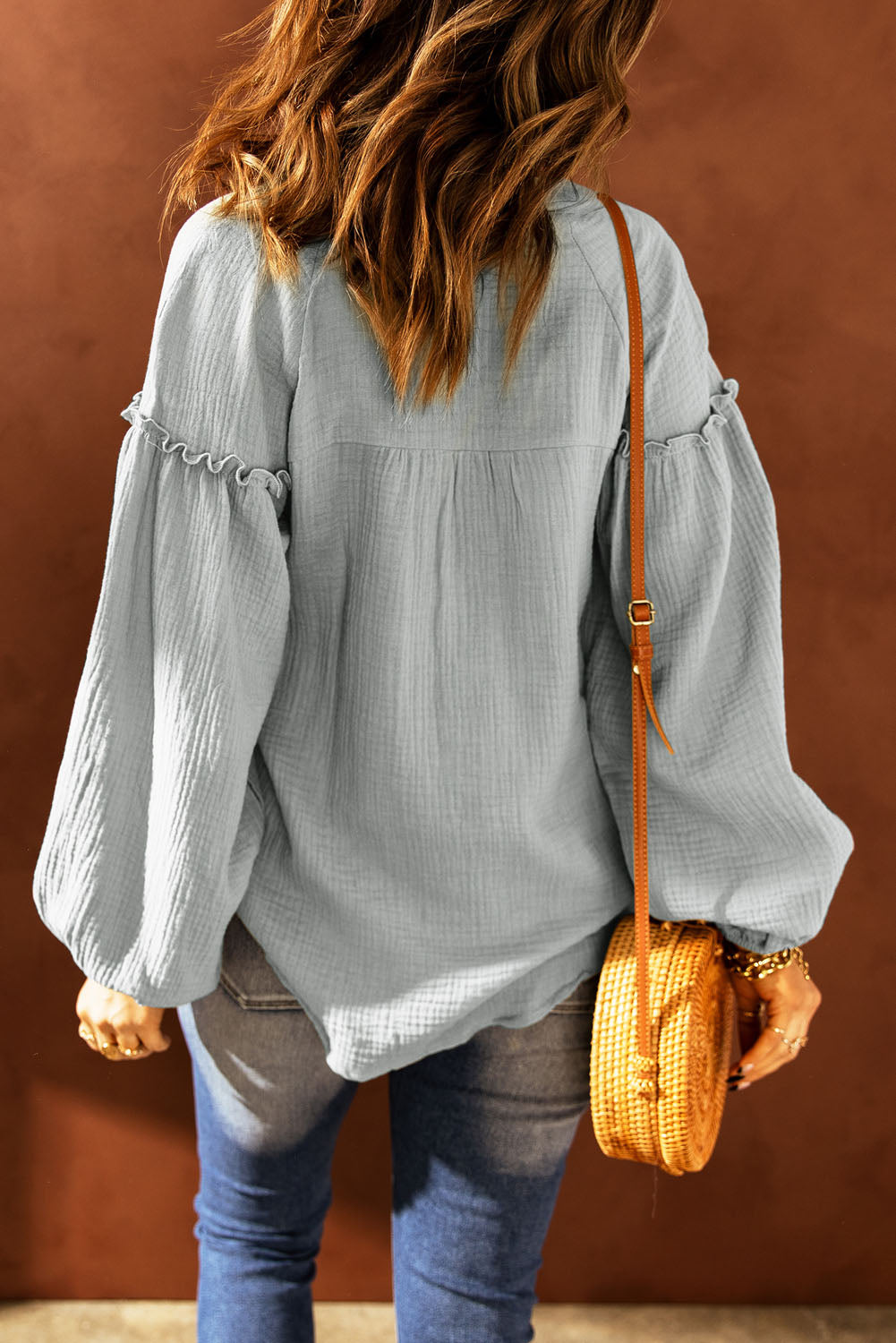 Balloon Sleeve Frill Trim Notched Neck Blouse