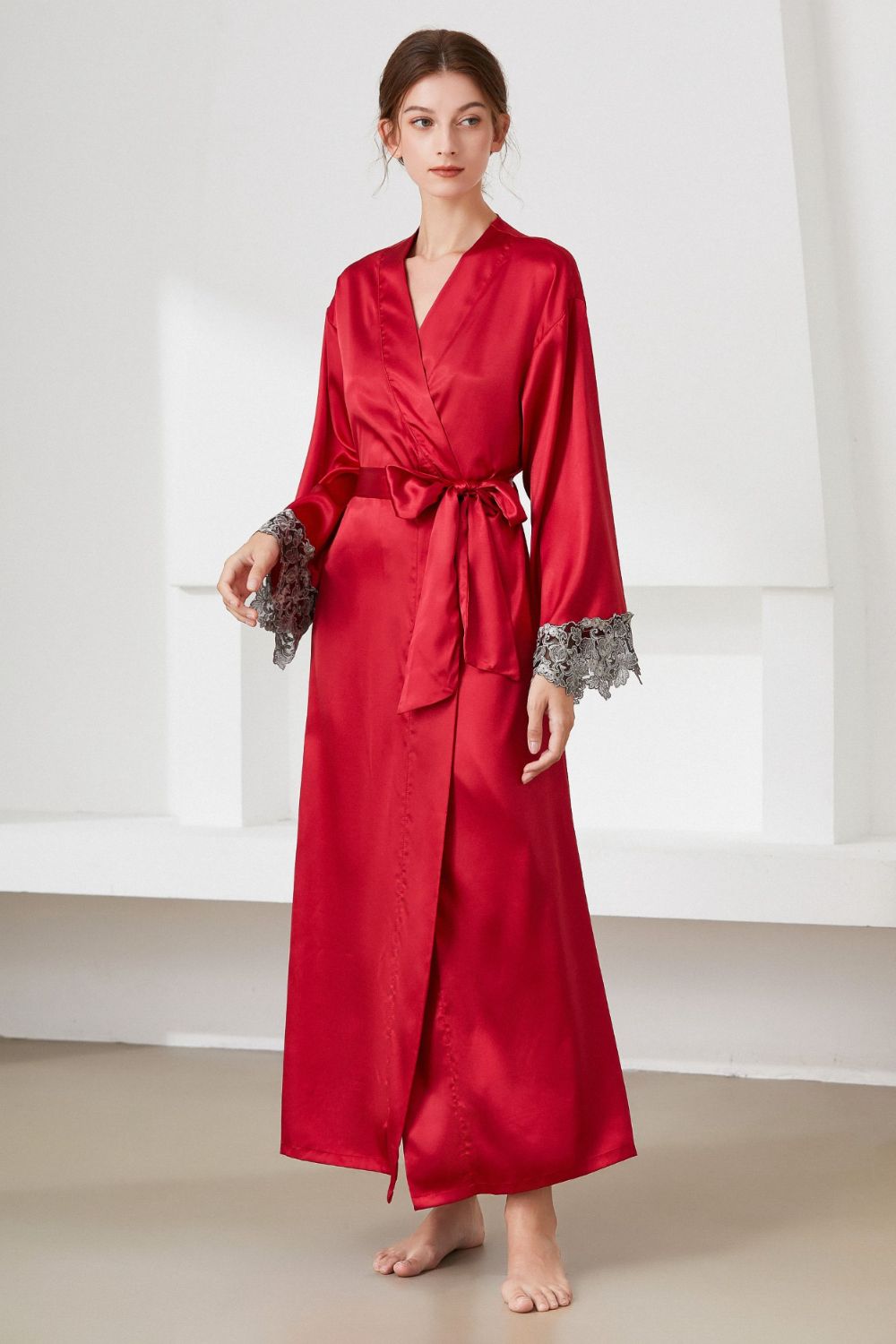 Contrast Lace Trim Belted Robe