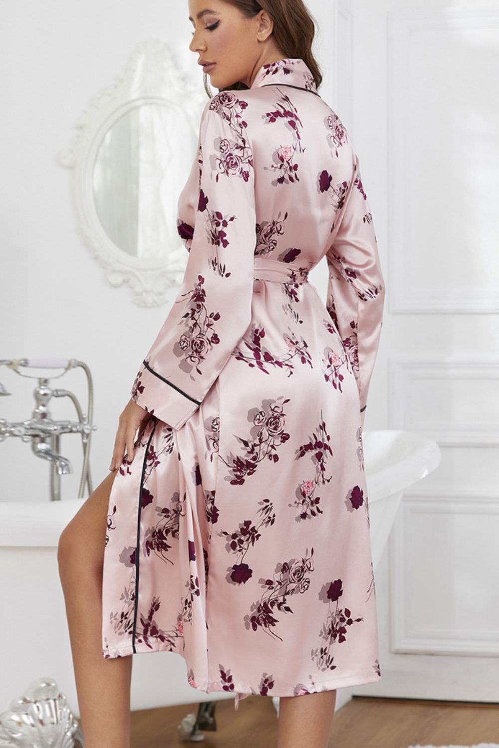 Floral Long Sleeve Tie Waist Robe
