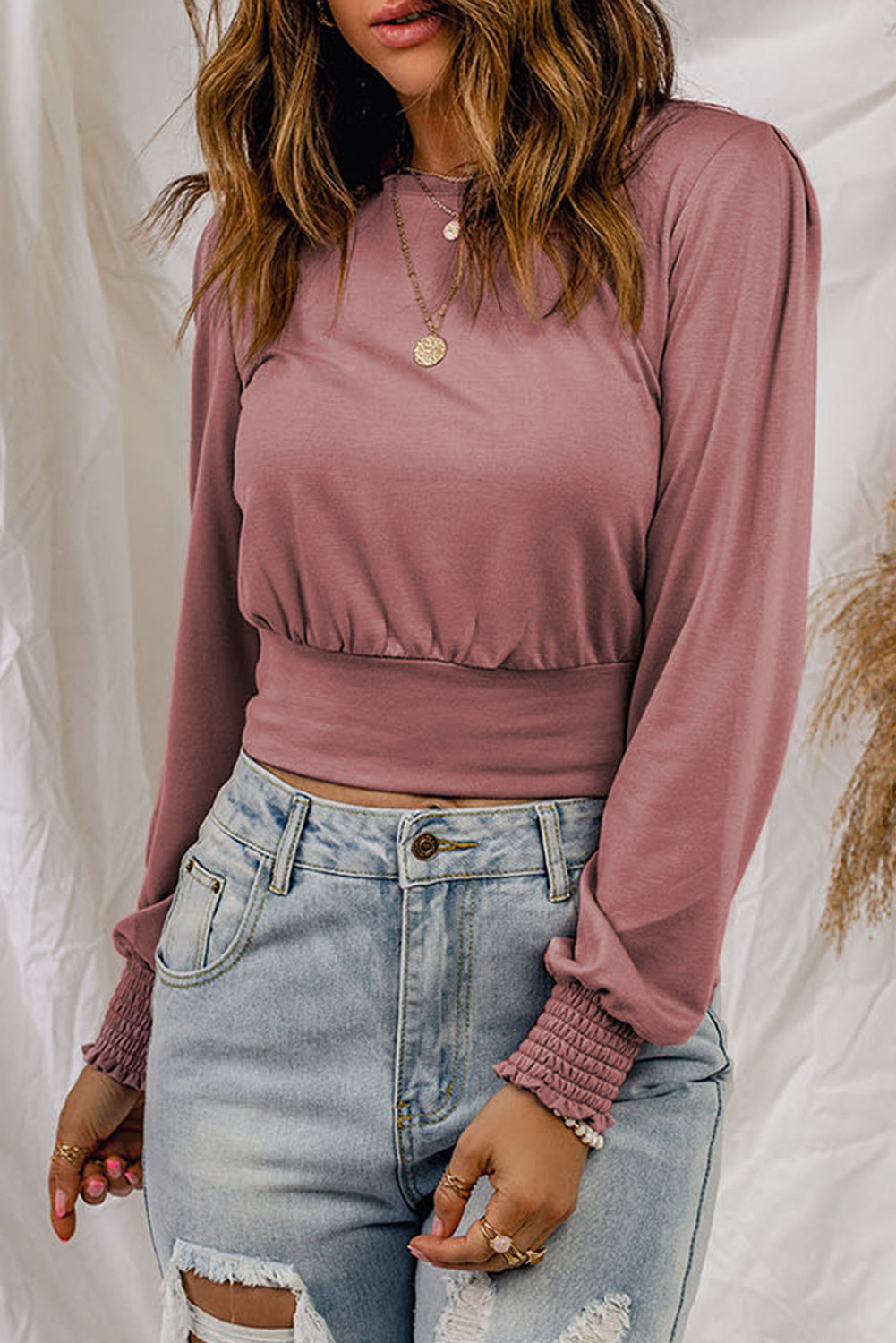 Smocked Cuff Long Sleeve Cropped Top