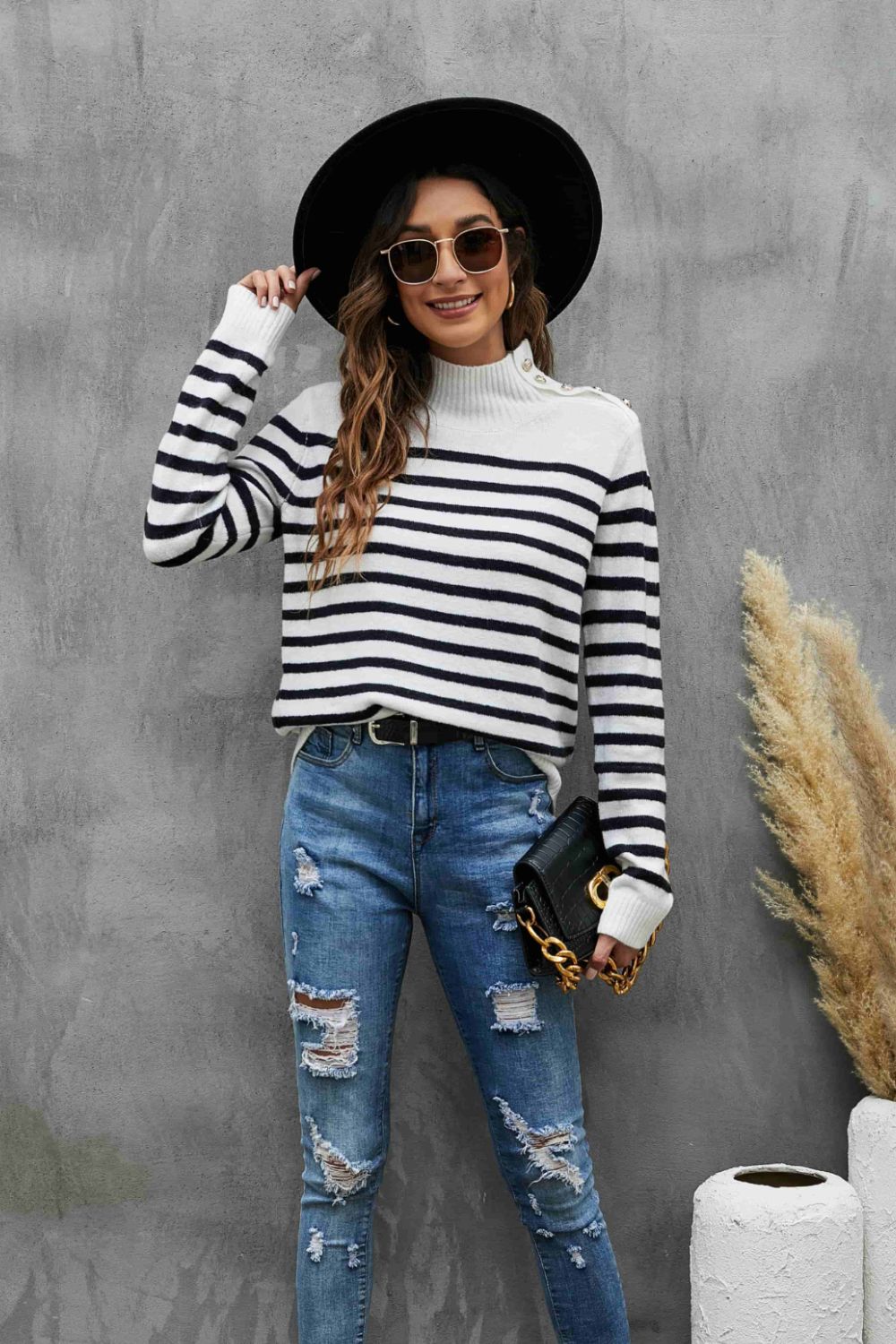 Striped Buttoned Mock Neck Sweater