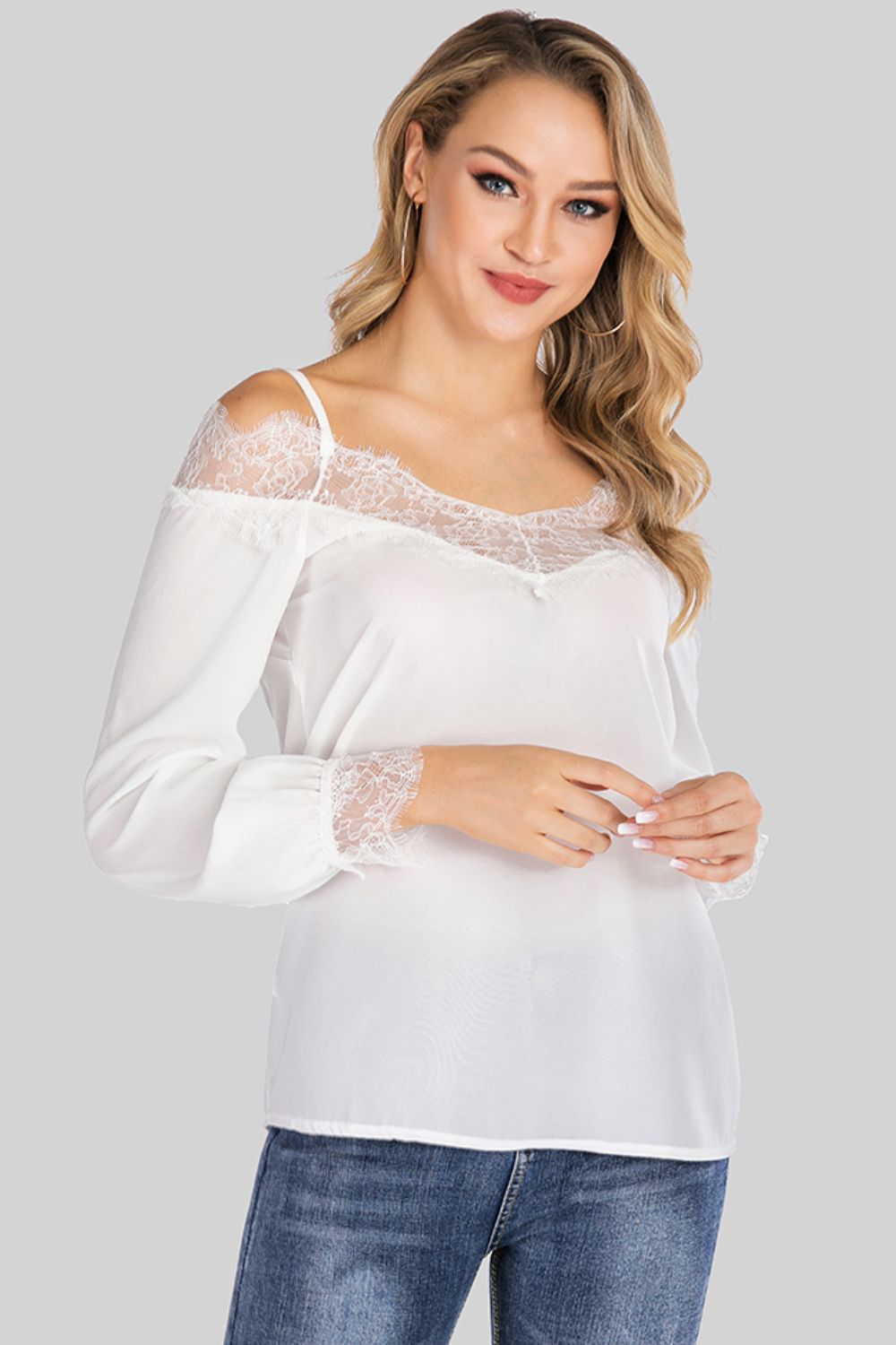 Spliced Lace Cold-Shoulder Blouse