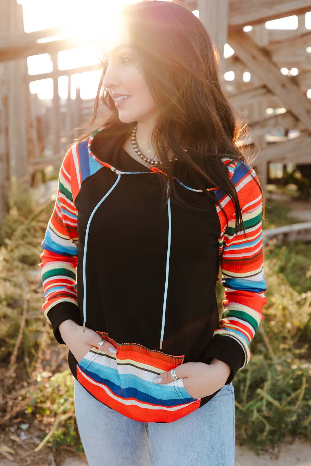 Multicolored Stripe Drawstring Raglan Sleeve Hoodie