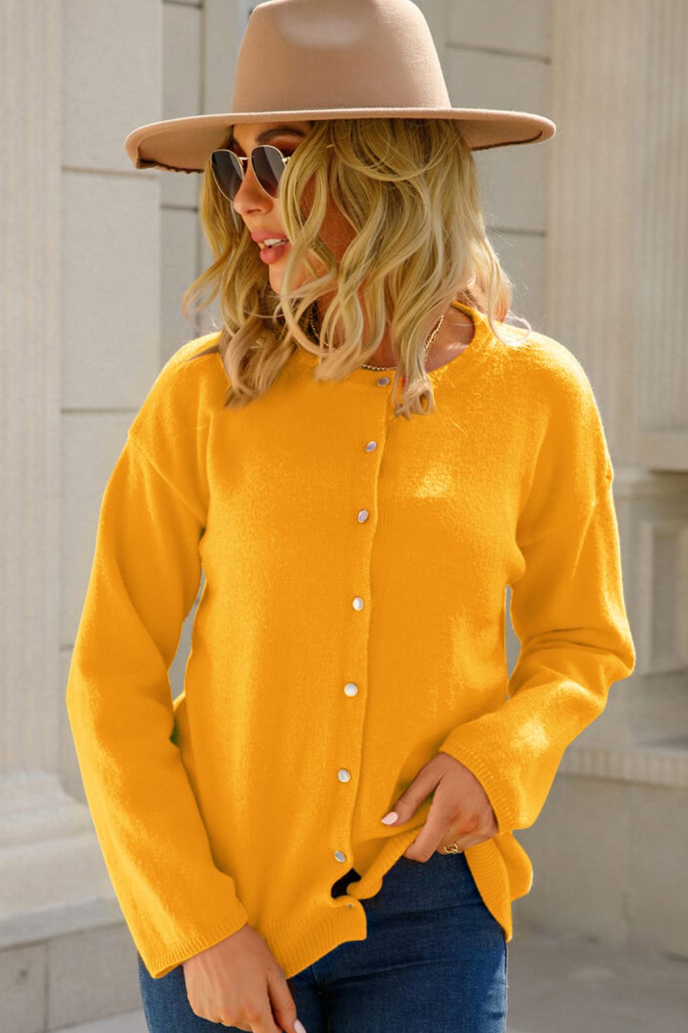 Button-Up Round Neck Cardigan