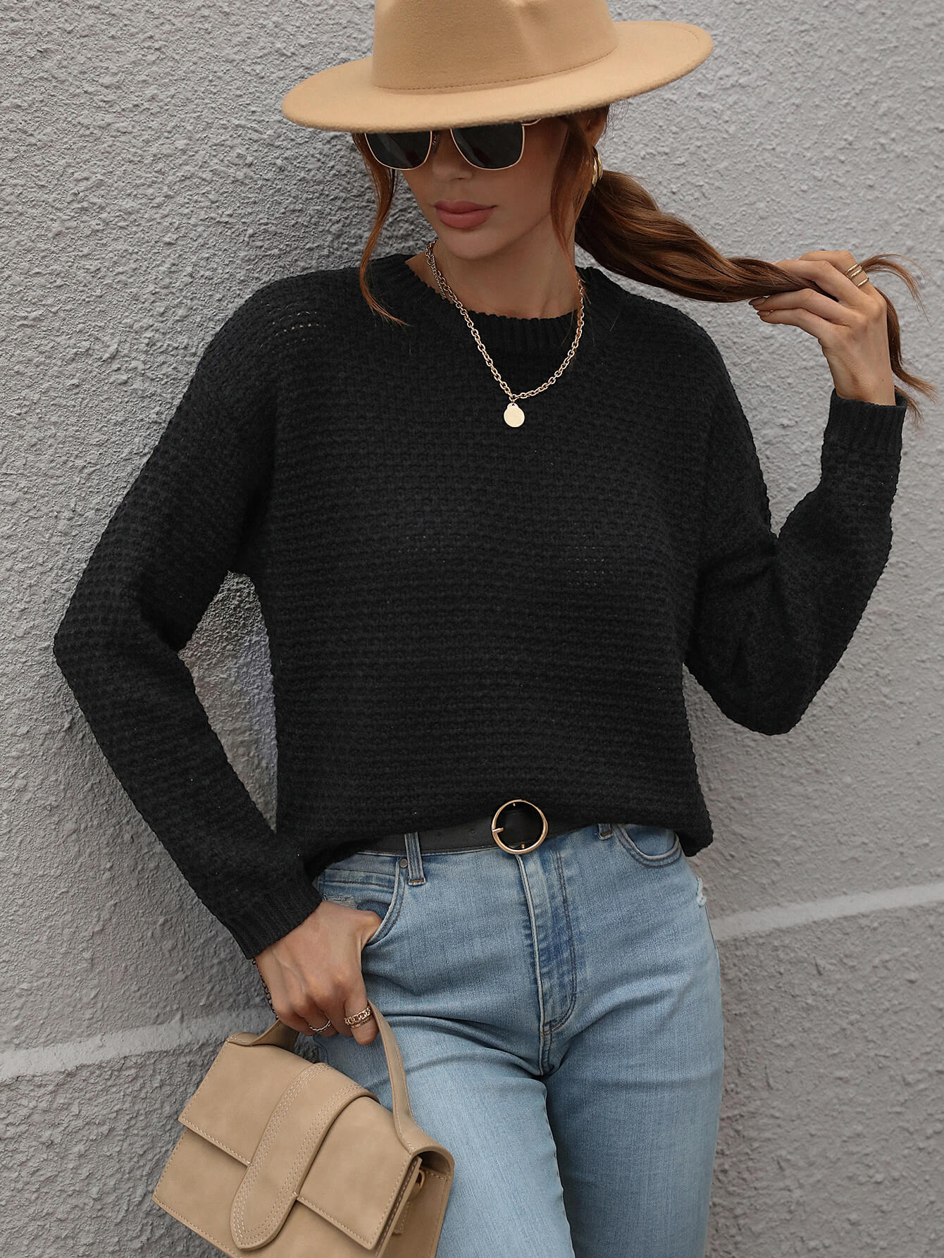 Drop Shoulder Round Neck Ribbed Cuff Sweater