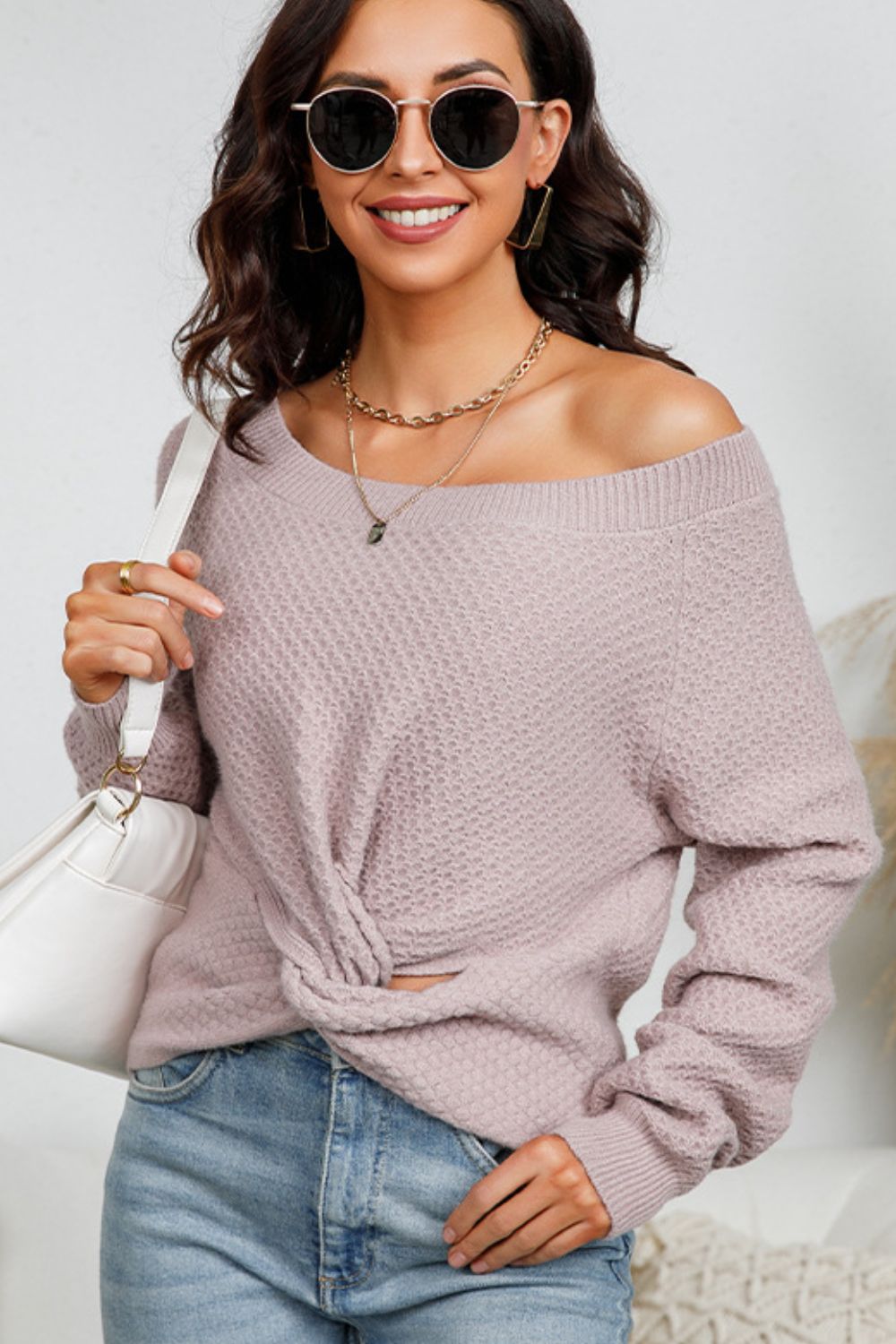 Twisted Boat Neck Knit Sweater