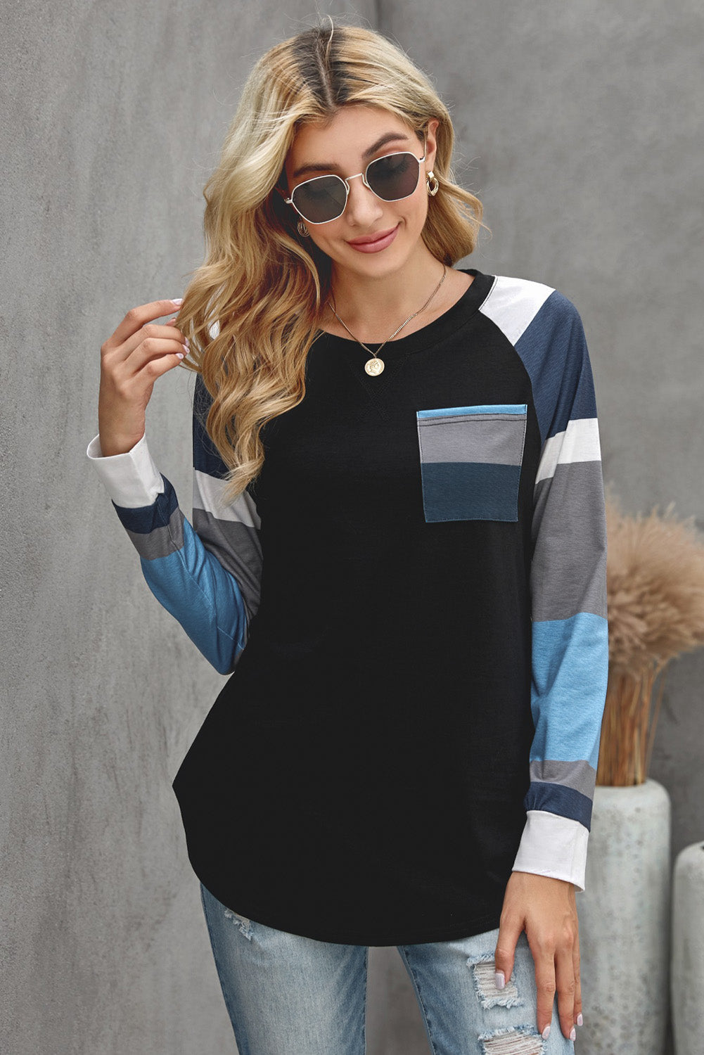 Color Block Pocket Raglan Sleeve Tee